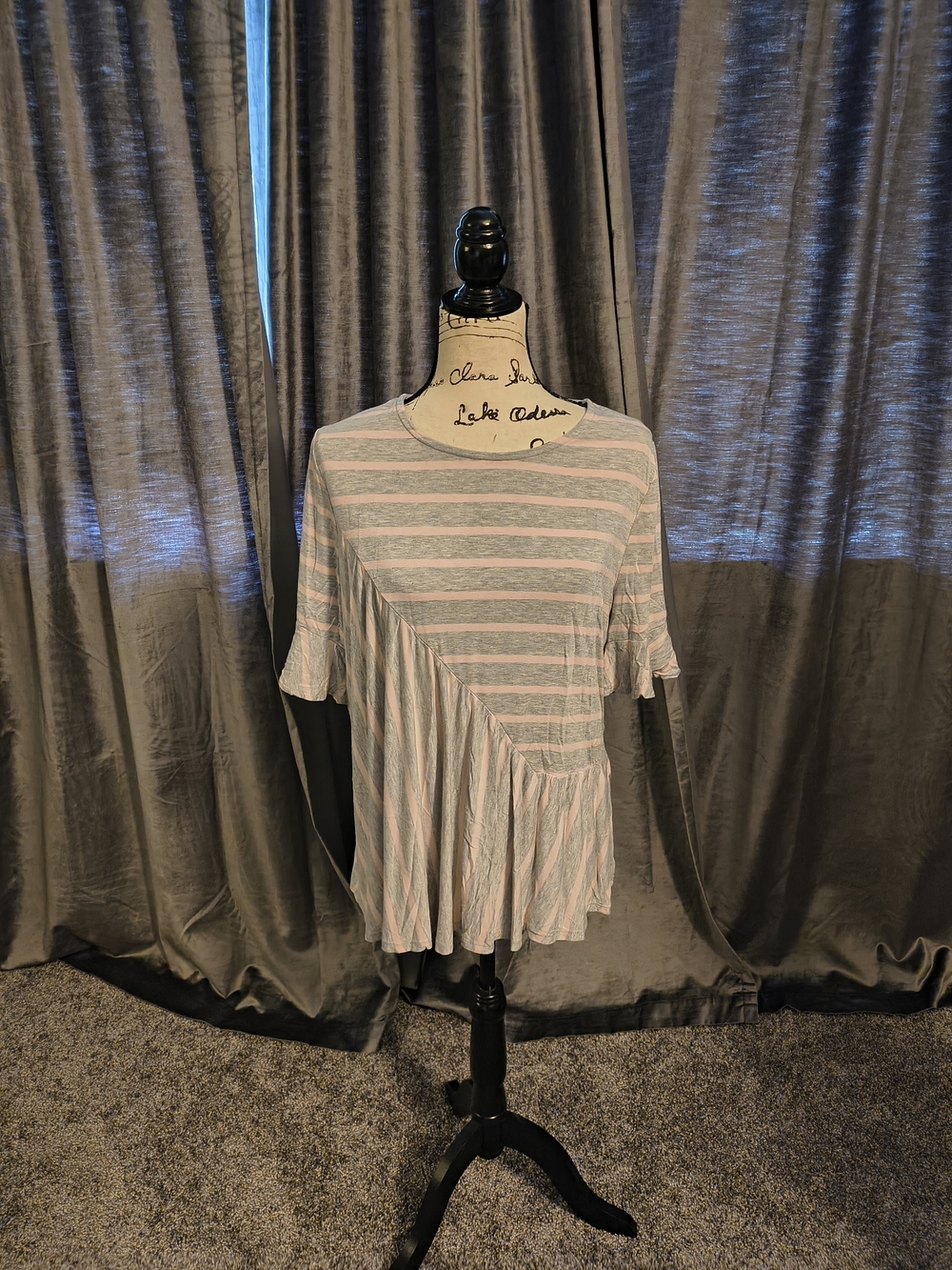 Lane Bryant LIVI Active Pink and Light Gray Striped Ruffle-Hem Short Sleeve Top